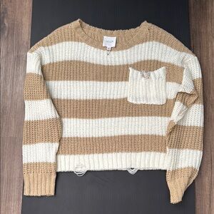 Cozy Tan and Cream Crew Neck Sweater Classic Stripes